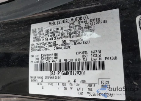 2012 Ford Fusion S from USA, damaged, VIN 3FAHP0GA0CR129301